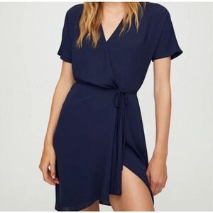 Babaton Aritzia Wallace navy chiffon flowy wrap mini dress